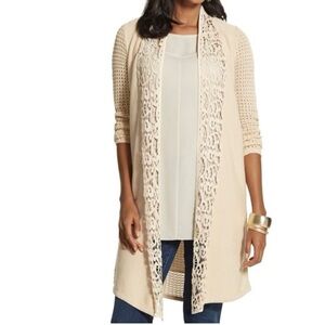 Chico’s Leslie Lace and Knit Open Front Cream Long Cardigan Size 4 XL New w/ Tag
